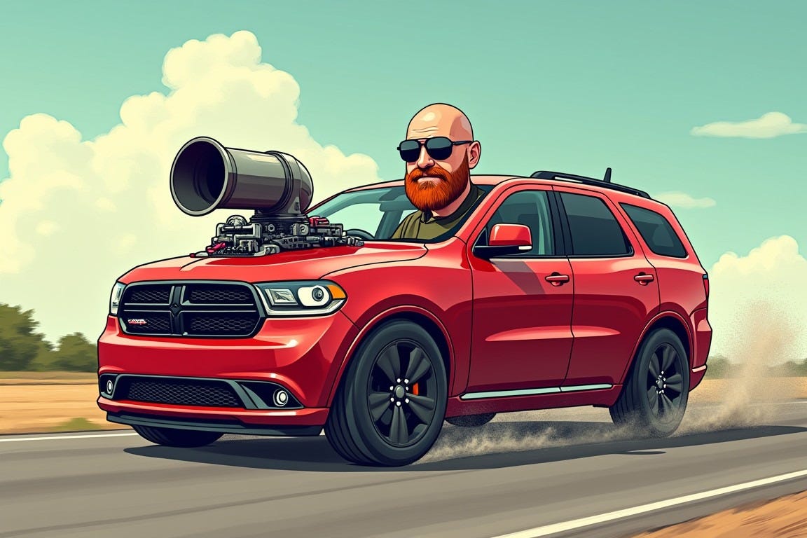 Draw in an anime style: a man driving a red 2008 Dodge Durango with a huge turbocharger sticking out of the hood, racing down the highway in Oklahoma. The man has a shaved head, red beard, and aviator sunglasses. Draw in an anime style: a man driving a red 2008 Dodge Durango with a huge turbocharger sticking out of the hood, racing down the highway in Oklahoma. The man has a shaved head, red beard, and aviator sunglasses.