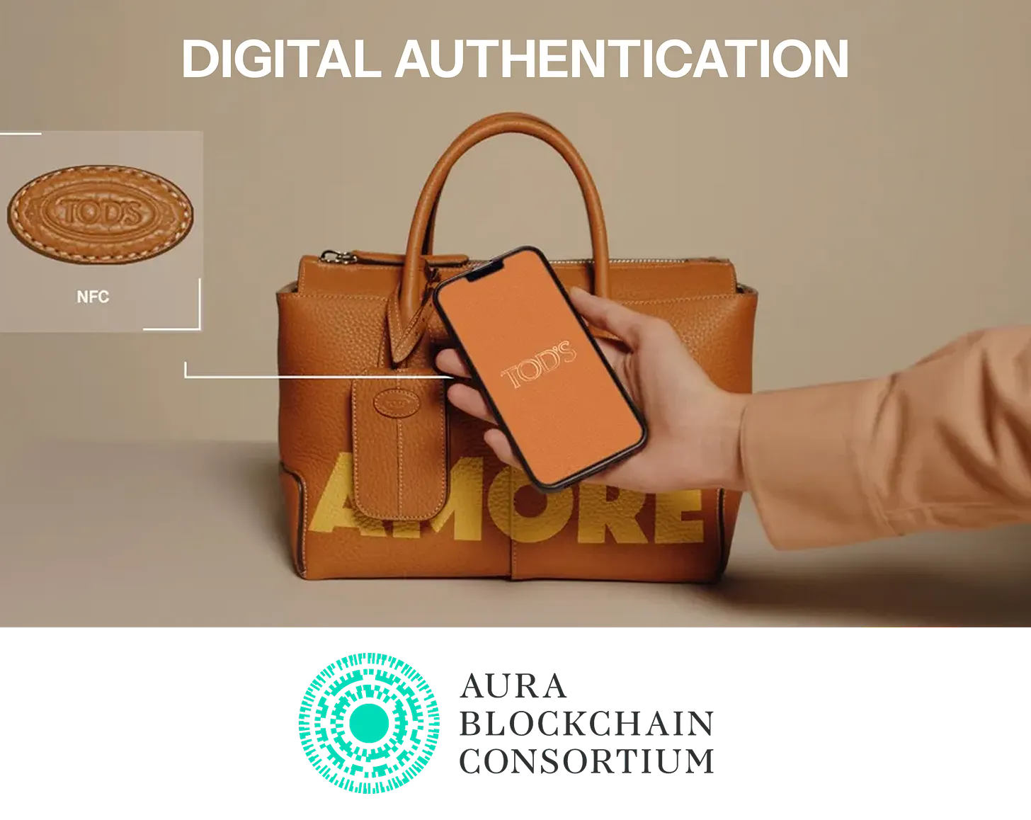 A luxury TOD’S handbag being scanned with a smartphone to verify authenticity via Aura Blockchain’s NFC-powered digital certificate technology.