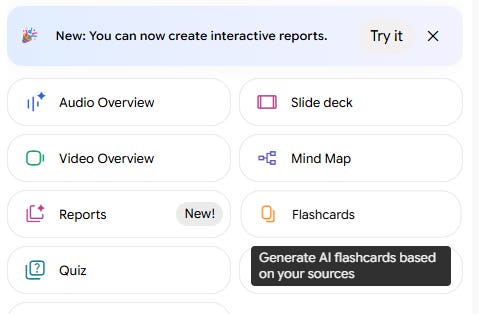NotebookLM Studio panel with output options including Audio Overview, Mind Map, Quiz and Flashcards, tooltip: "Generate AI flashcards based on your sources" NotebookLM Studio panel with output options including Audio Overview, Mind Map, Quiz and Flashcards, tooltip: "Generate AI flashcards based on your sources"