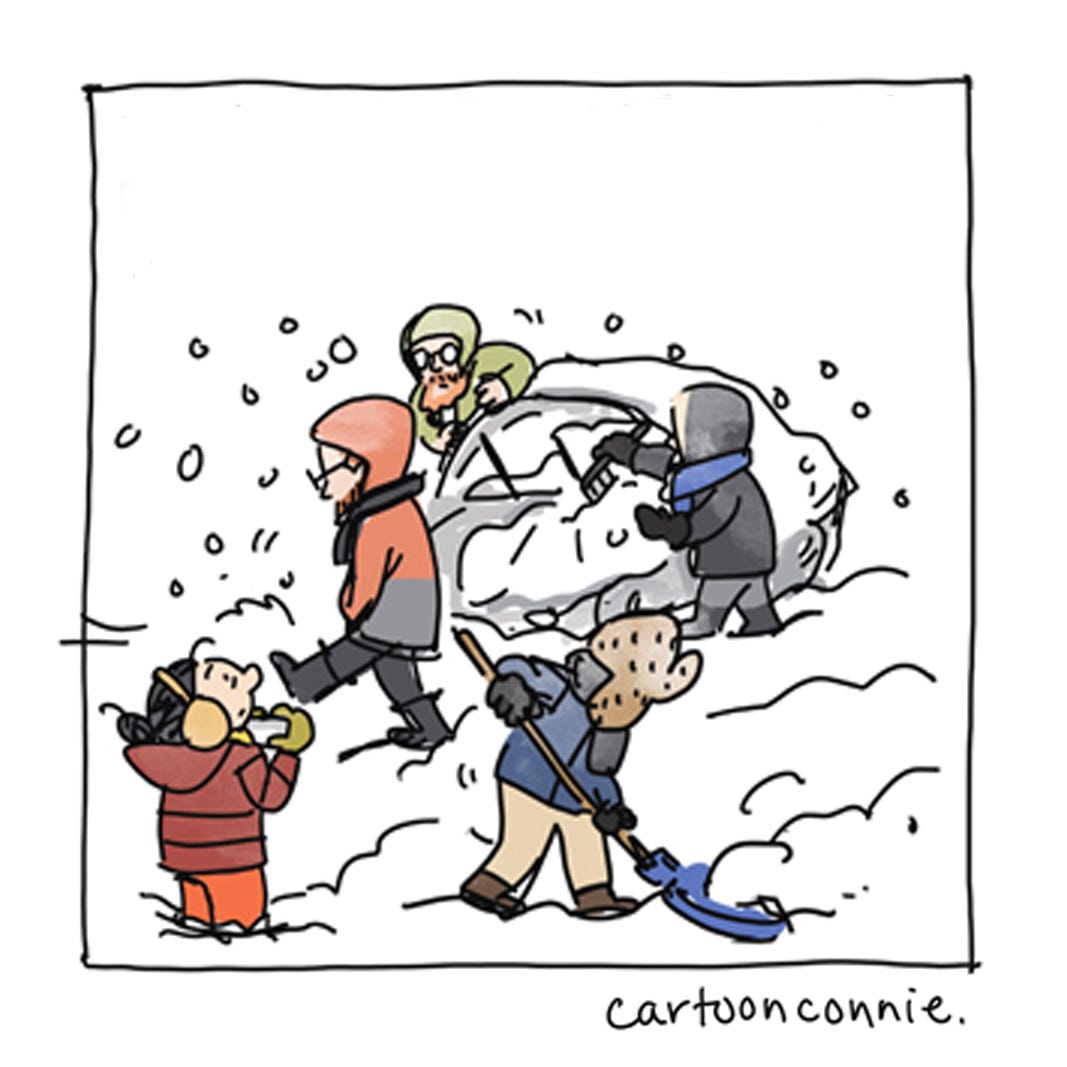 Panel 6 of a 6-panel diary comic about seeing New Yorkers help each other in a snowstorm. Titled "Diary of a Snow Day," original art by Connie Sun, cartoonconnie, 2026.