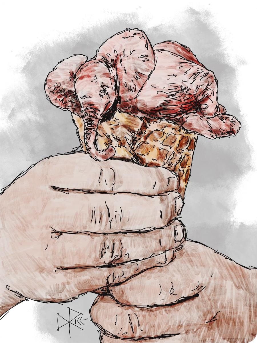 Melting slowly, a strawberry pink elephant prepares to be licked. Sketch art by Don Rice.