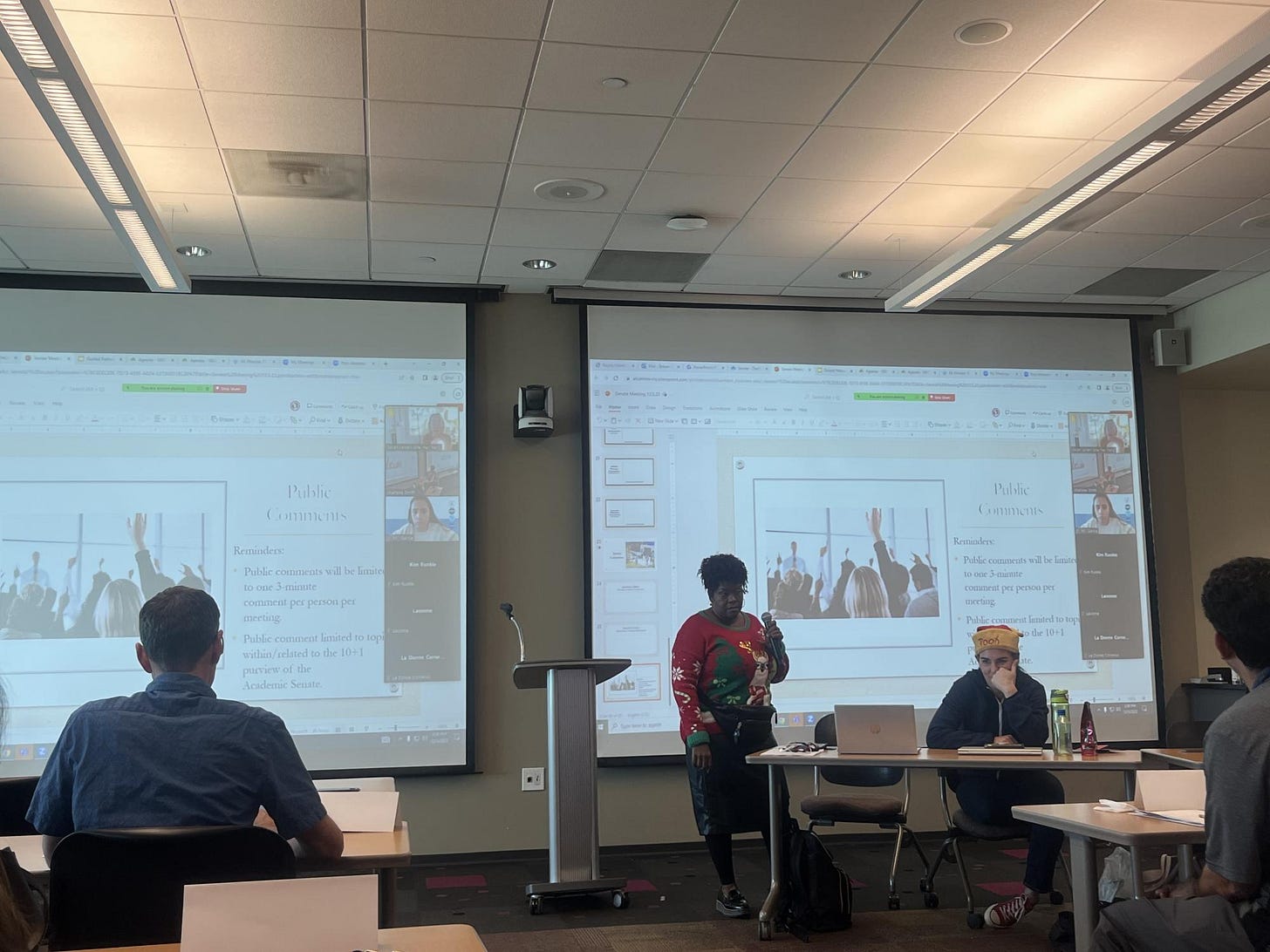 Academic Senate President Charlene Brewer-Smith, left, presenting an item on the agenda at the Academic Senate meeting on Tuesday, Dec. 5. (Ivan Gonzalez | The Union)