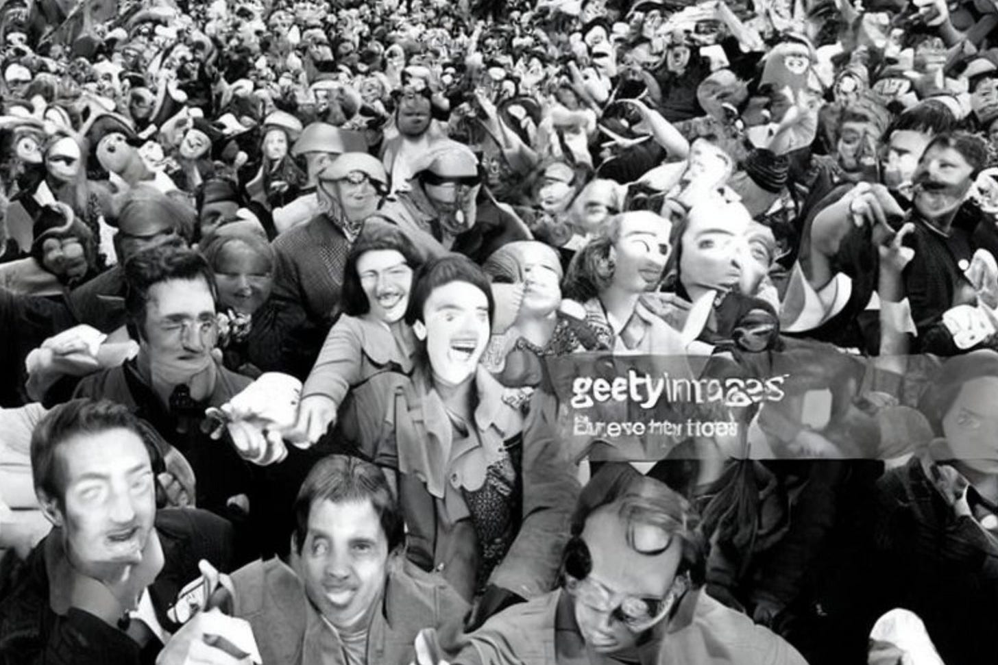 An AI-generated image shows a mob of people rushing towards the camera. The image is black and white and shows a blurred, garbled version of Getty Images’ watermark in the bottom-right corner.