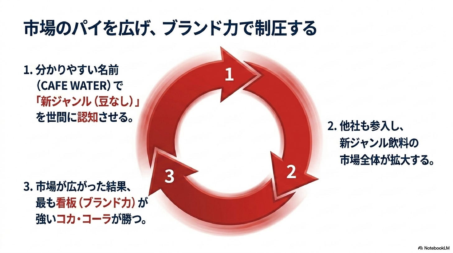【見出し②】「市場のパイを広げ、ブランド力で制圧する」と題した3ステップの循環図。認知→市場拡大→ブランド力で勝つ流れを示す。 【見出し②】「市場のパイを広げ、ブランド力で制圧する」と題した3ステップの循環図。認知→市場拡大→ブランド力で勝つ流れを示す。