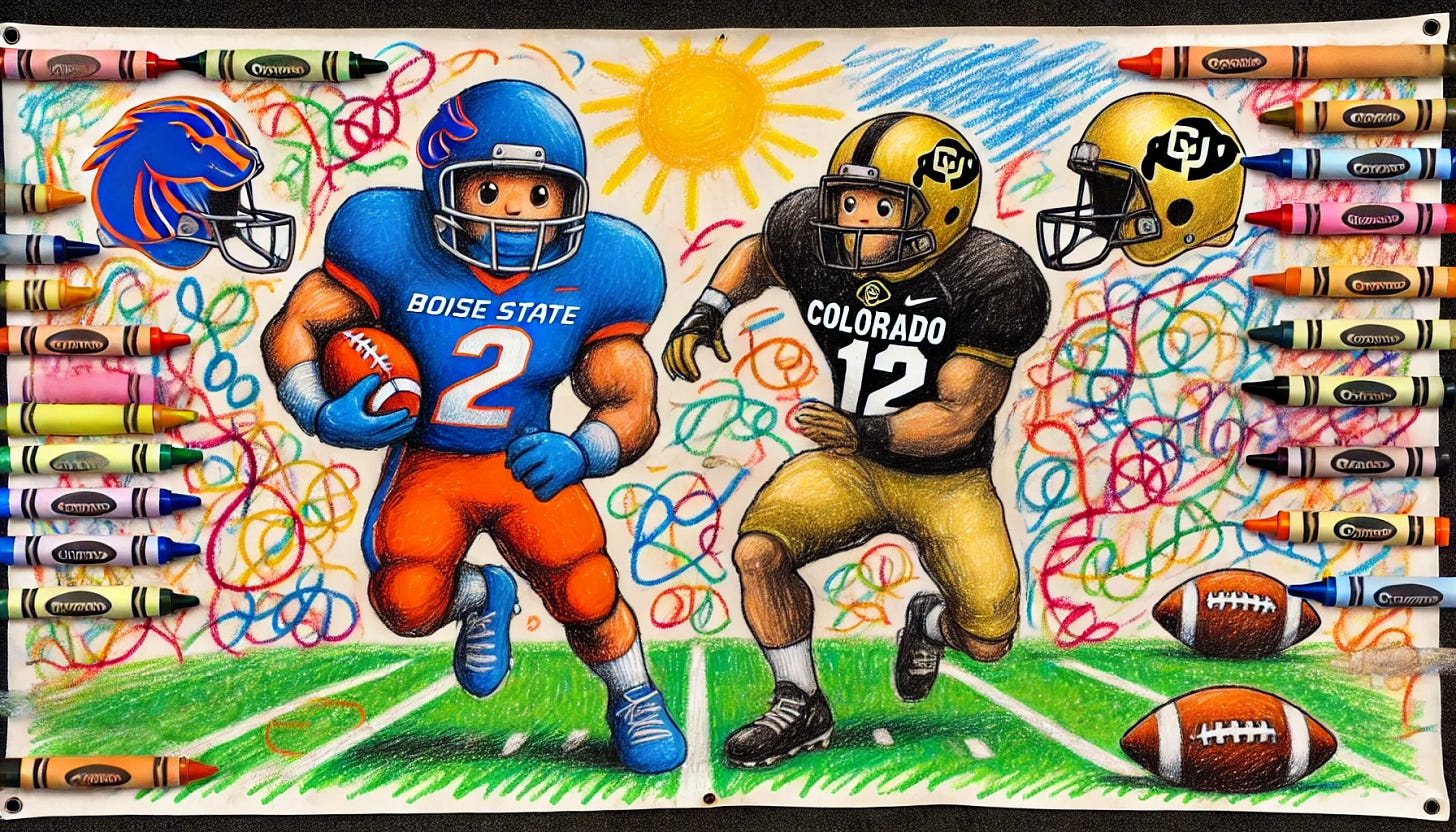 A banner-sized child's crayon drawing of Boise State's #2 Ashton Jeanty and Colorado's #12 Travis Hunter. The drawing features exaggerated, messy lines and vibrant crayon colors. Ashton Jeanty is depicted in a blue football uniform with an orange helmet, holding a football, while Travis Hunter is shown in a black and gold uniform with a matching helmet, reaching to tackle or running alongside. The background includes a colorful, scribbled football field with a bright sun, fluffy clouds, and playful chaotic scribbles, emphasizing a childlike and whimsical style.