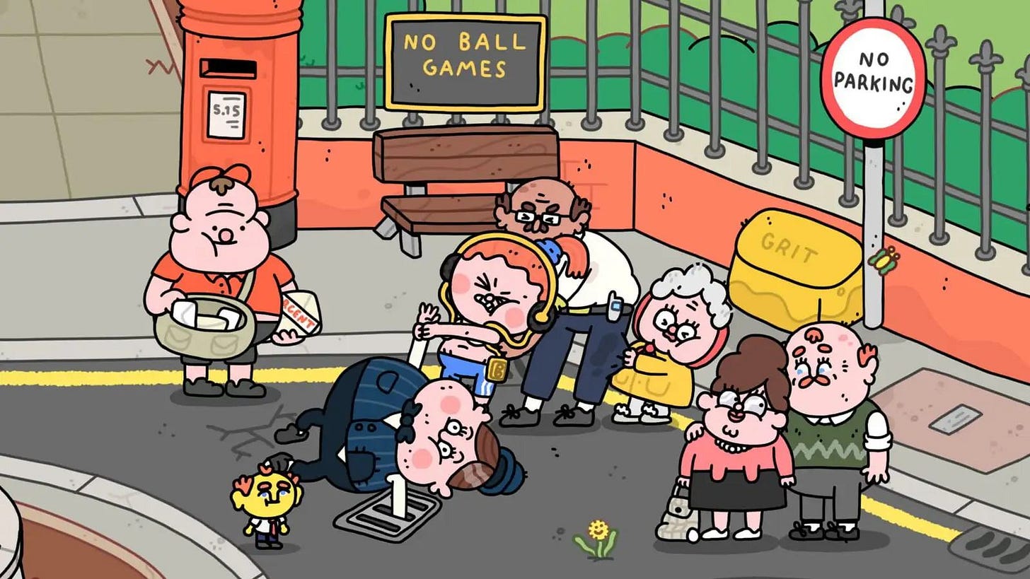 May be a doodle of text that says 'y NOBALL NO BALL GAMES 5.15 NO PARKING ーかい GRIT'