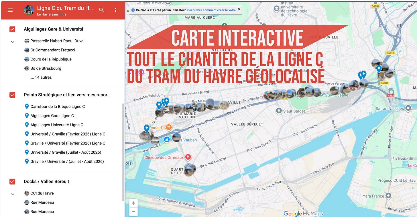 Carte interactive géolocalisée montrant les photos du chantier de la Ligne C du tramway du Havre. Carte interactive géolocalisée montrant les photos du chantier de la Ligne C du tramway du Havre.