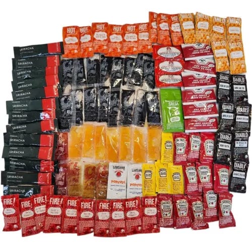 100 Condiment Packets Duck/Soy/Hot Sauce Heinz Ketchup, Mustard Taco Bell Diablo - Picture 1 of 12