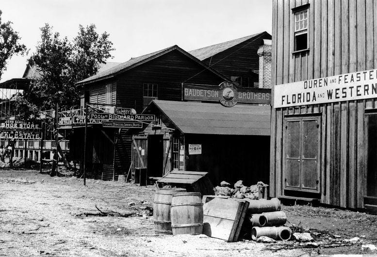 Figure 1: Avenue D in 1896. The city incorporation proceedings took place in the Lobby Pool & Billiards Parlor seen in this photo. Avenue D was later renamed Miami Avenue. Courtesy of Florida State Archives. Figure 1: Avenue D in 1896. The city incorporation proceedings took place in the Lobby Pool & Billiards Parlor seen in this photo. Avenue D was later renamed Miami Avenue. Courtesy of Florida State Archives.