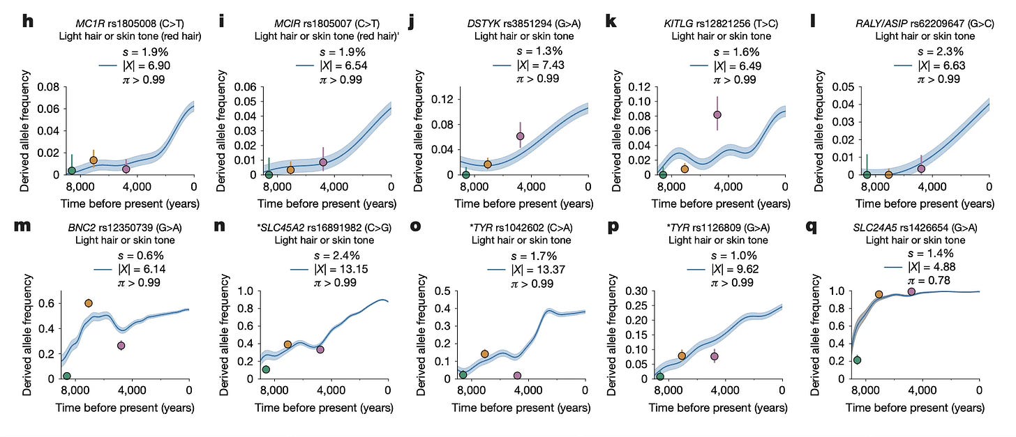 Ten charts showing the increase in frequency of variants related to lighter skin pigmentation over time