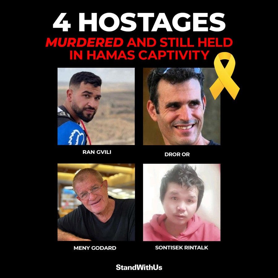Black background with white text 4 HOSTAGES MURDERED AND STILL HELD IN HAMAS CAPTIVITY in red and yellow ribbon emoji four portrait photos of men Ran Civi with short hair smiling Dor Or with glasses smiling Meny Godard bald smiling Sonis Retalk with short hair neutral expression yellow ribbons next to each StandWithUs logo at bottom.