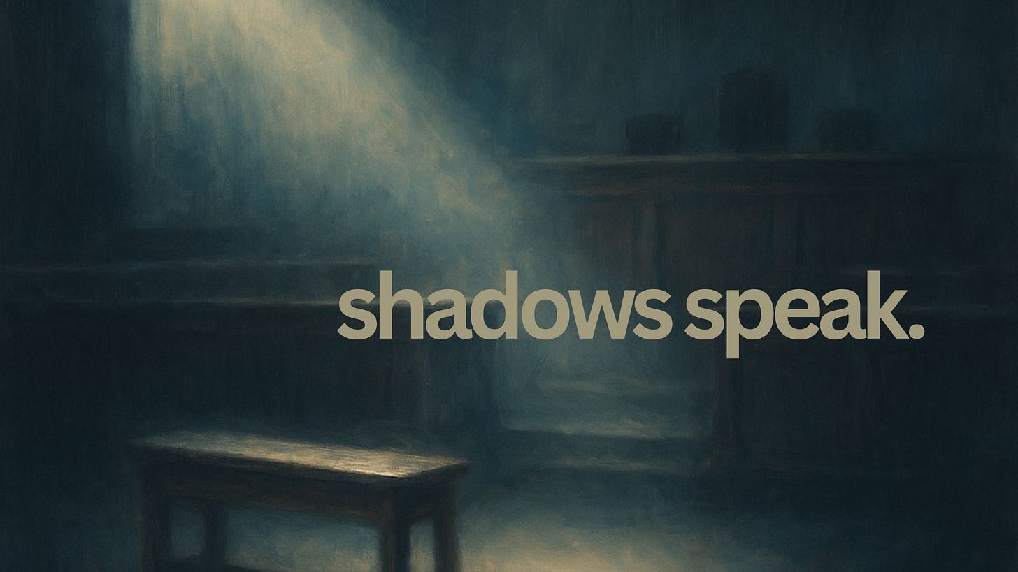 A dimly lit courtroom with a single wooden bench illuminated by a shaft of light, symbolizing persistence, silence, and unseen justice.