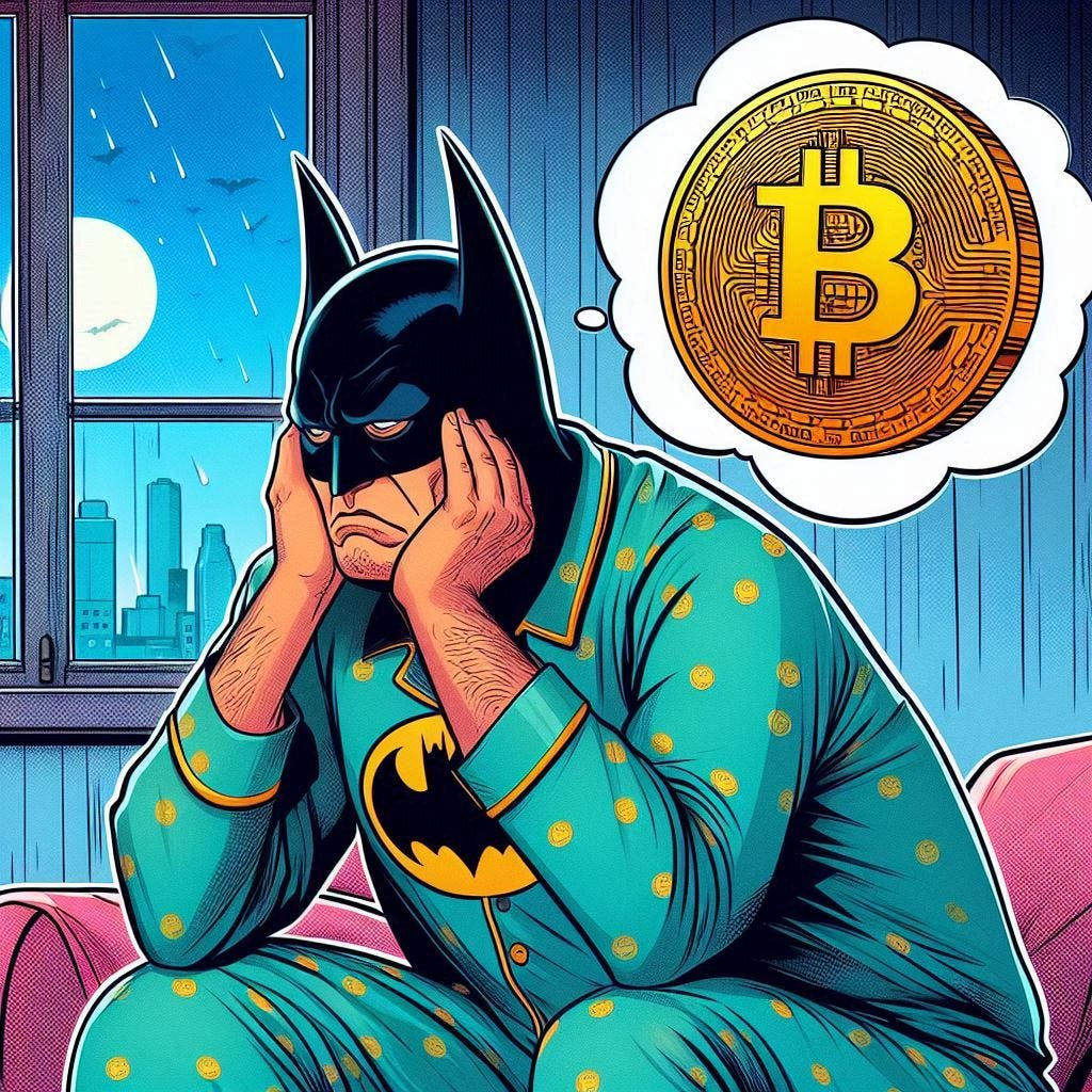 batman in pijamas sad that he didnt buy bitcoin as bitcoin raise to new highs american comic style 