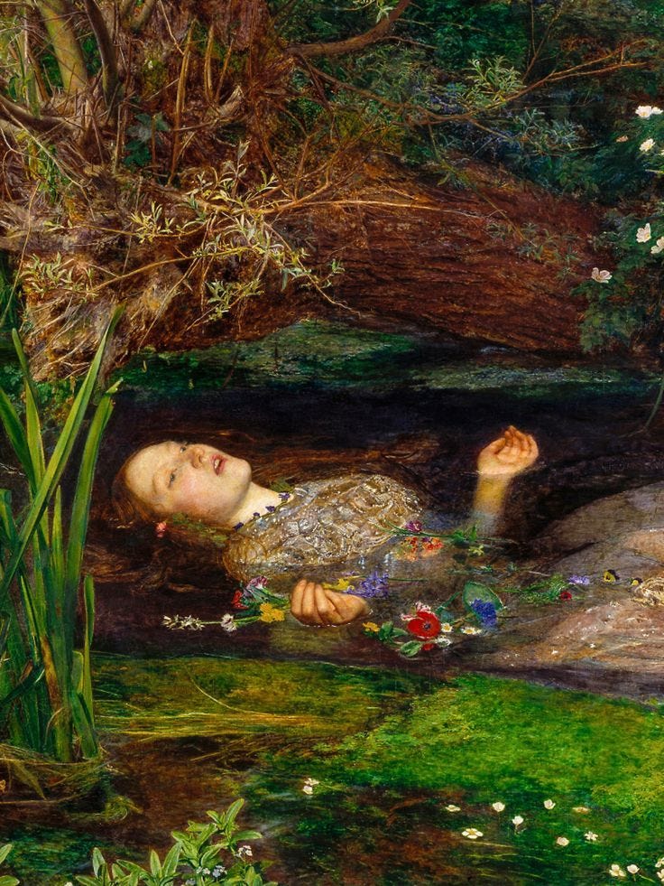 This may contain: a painting of a woman laying on the ground next to a pond with flowers in it