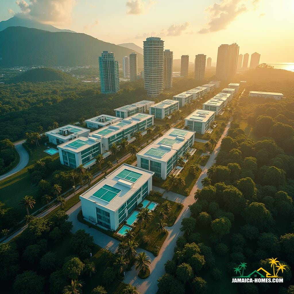 A sprawling modern development scheme in Jamaica, set against the lush island backdrop, with sleek skyscrapers and contemporary architecture, bathed in warm, golden cinematic lighting, with deep shadows and subtle lens flares. Shot on 35mm film with a V-Raptor XL camera, the image boasts a rich, cinematic film grain and a subtle vignette, evoking a sense of nostalgia and timelessness. The color palette is deeply saturated, with vibrant hues of turquoise, emerald, and amber, carefully color graded to evoke the island's tropical essence. Post-processing techniques have enhanced the image, adding depth and texture, with nuanced atmospheric effects that transport the viewer to the heart of Jamaica. Inspired by the works of acclaimed cinematographers, such as Emmanuel Lubezki and Roger Deakins, this live-action still is a masterpiece of visual storytelling, a stunning and dramatic testament to the beauty of modern development in Jamaica.