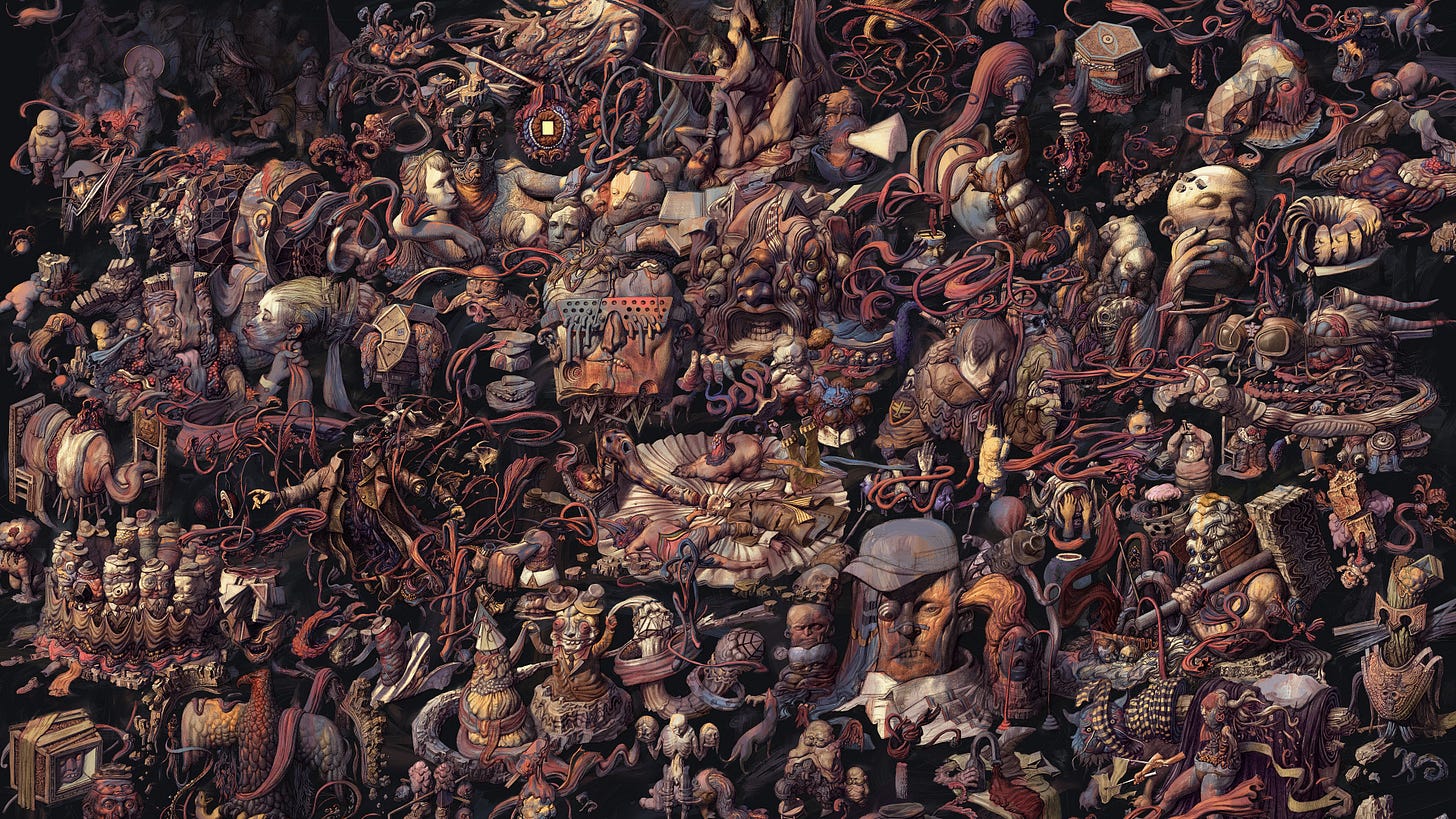 The art piece of Disco Elysium called "Thought Cabinet" that combines a collection of all drawings of Thoughts from the game
