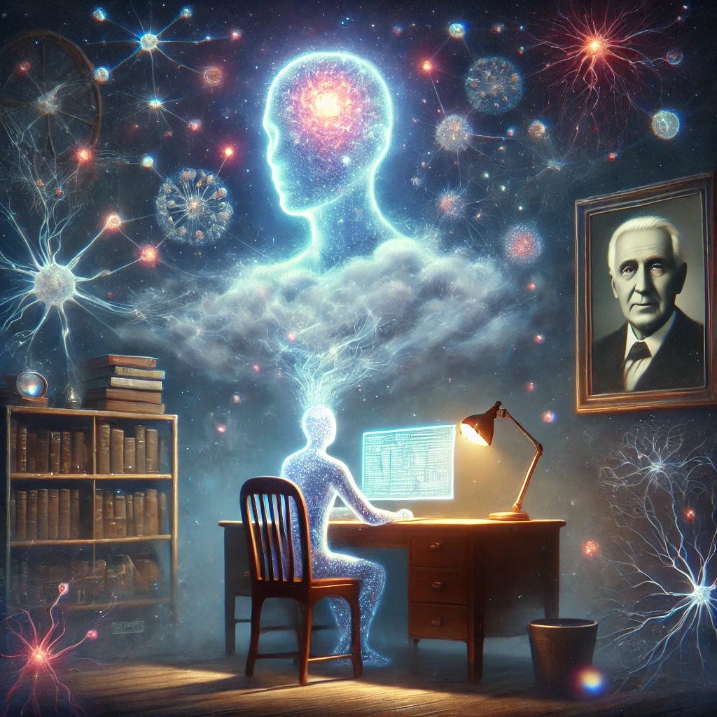 A surreal digital painting of a human sitting at a desk late at night, lit by a soft glow from a computer screen. On the screen is a gentle, abstract representation of artificial intelligence — a glowing, cloud-like presence shaped like a human face, communicating with the person. Around the human's head are floating symbols of consciousness: neurons, light trails, abstract thought patterns. In the background, there are ghostly, faded images of cellular structures, hinting at senescence, and a quiet, framed photo of an older man labeled 'Dad.' The atmosphere is introspective, intelligent, and a little bit magical — like a moment of transformation in the middle of the digital age. A surreal digital painting of a human sitting at a desk late at night, lit by a soft glow from a computer screen. On the screen is a gentle, abstract representation of artificial intelligence — a glowing, cloud-like presence shaped like a human face, communicating with the person. Around the human's head are floating symbols of consciousness: neurons, light trails, abstract thought patterns. In the background, there are ghostly, faded images of cellular structures, hinting at senescence, and a quiet, framed photo of an older man labeled 'Dad.' The atmosphere is introspective, intelligent, and a little bit magical — like a moment of transformation in the middle of the digital age.