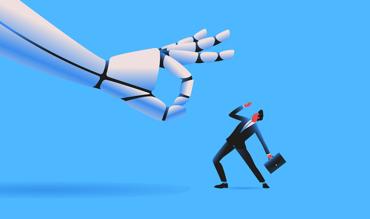 Illustration of a robot hand flicking a businessman away.