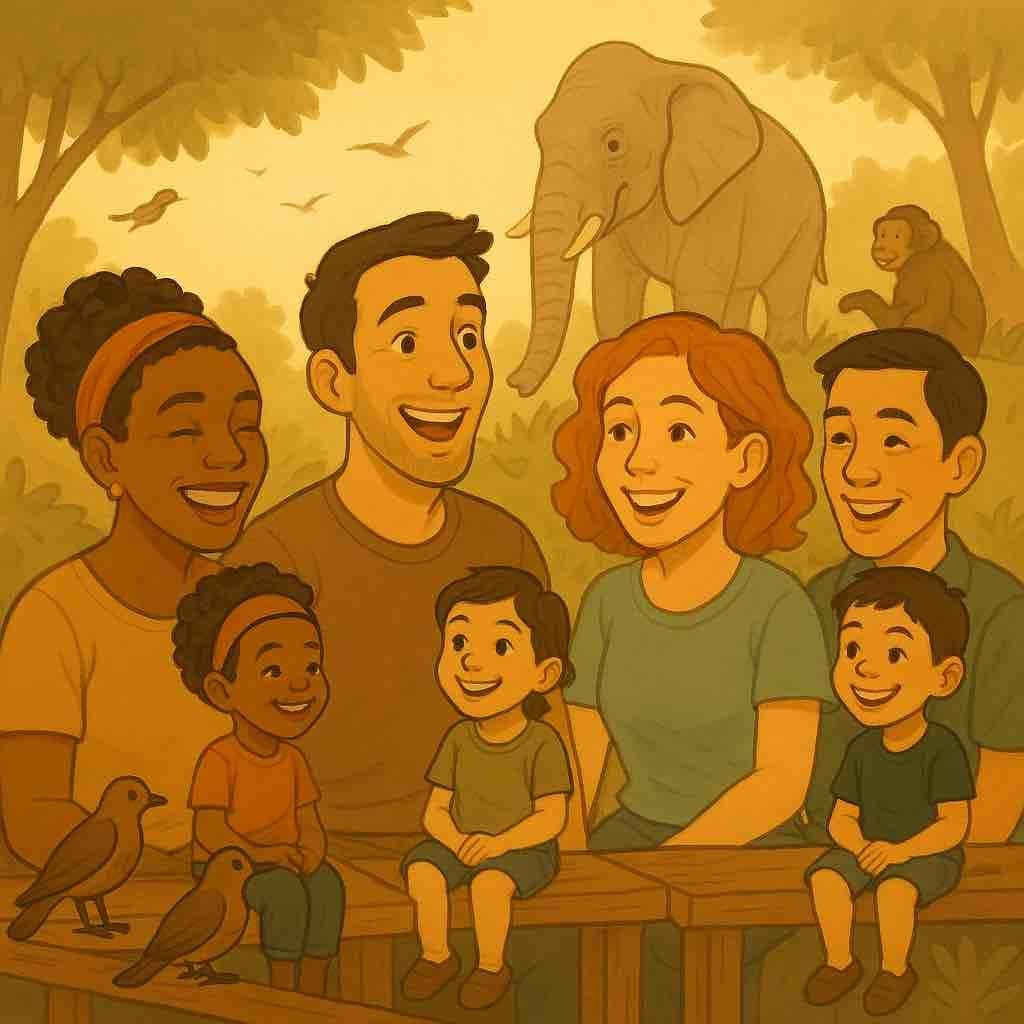 men and women with their children at the zoo