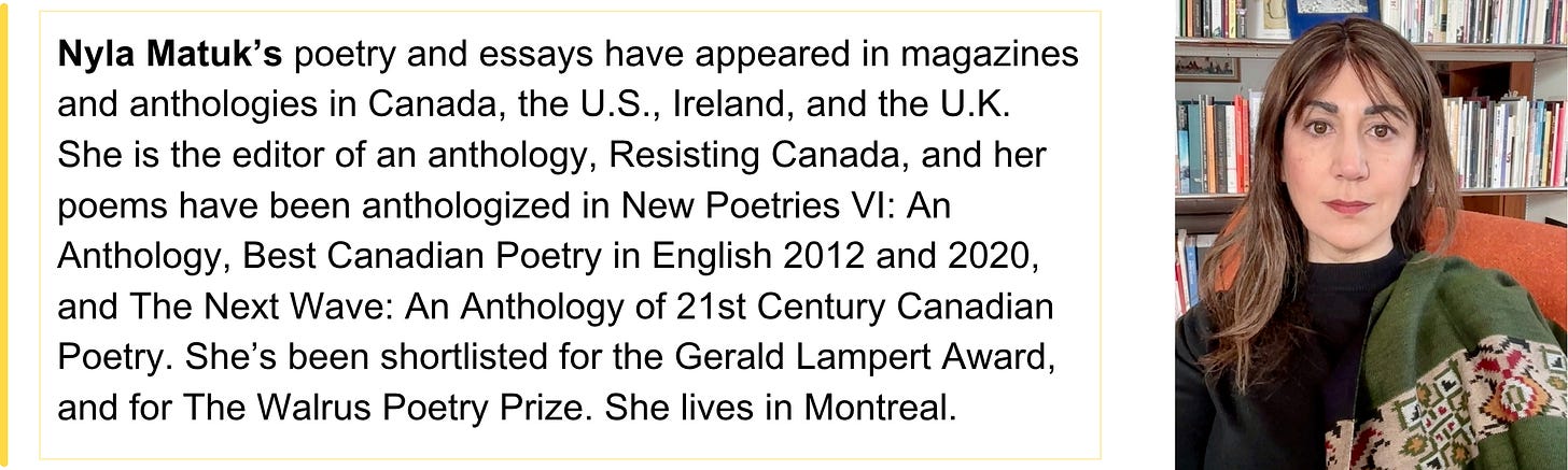 Nyla Matuk’s poetry and essays have appeared in magazines and anthologies in Canada, the U.S., Ireland, and the U.K. She is the editor of an anthology, Resisting Canada, and her poems have been anthologized in New Poetries VI: An Anthology, Best Canadian Poetry in English 2012 and 2020, and The Next Wave: An Anthology of 21st Century Canadian Poetry. She’s been shortlisted for the Gerald Lampert Award, and for The Walrus Poetry Prize. She lives in Montreal.