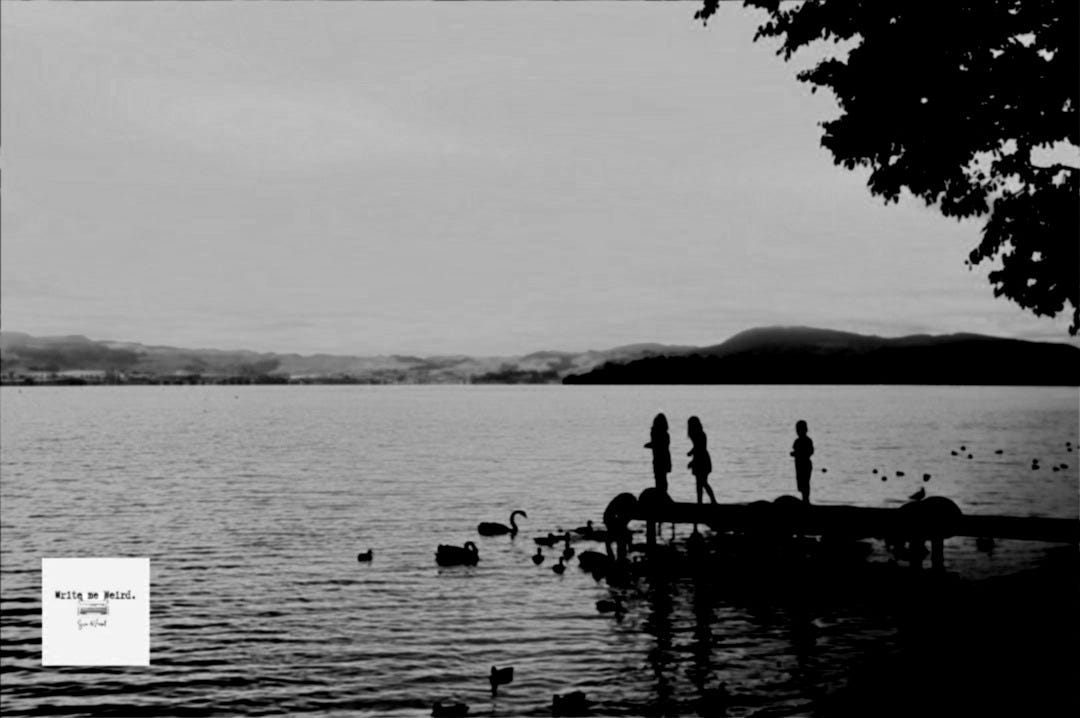 a group of people standing on a dock over a body of water