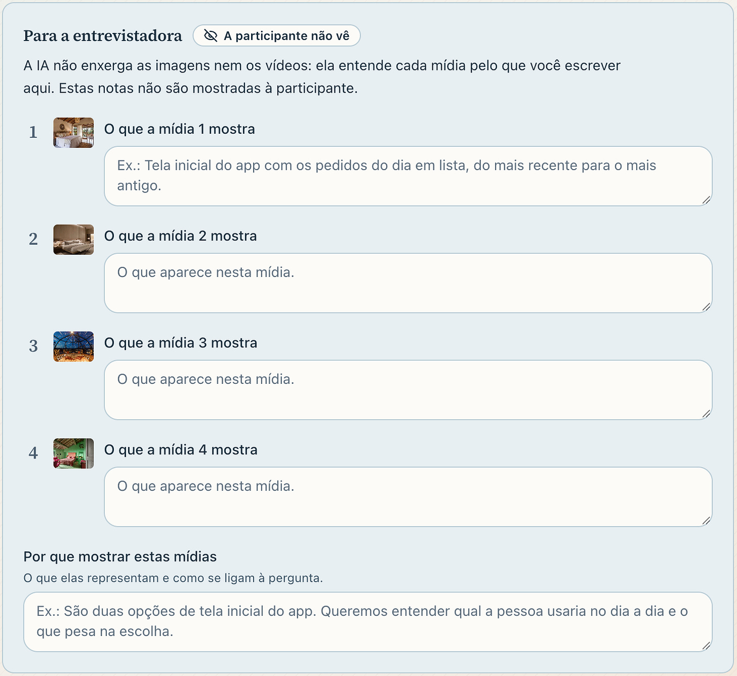 Painel de configuração da entrevistadora com campos de texto para descrever quatro mídias e explicar o objetivo da pesquisa