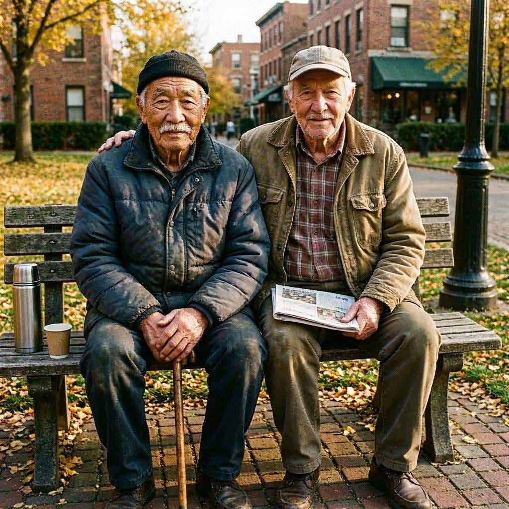 An image of a very old chinese man and a very old American man sitting together looking at us. 