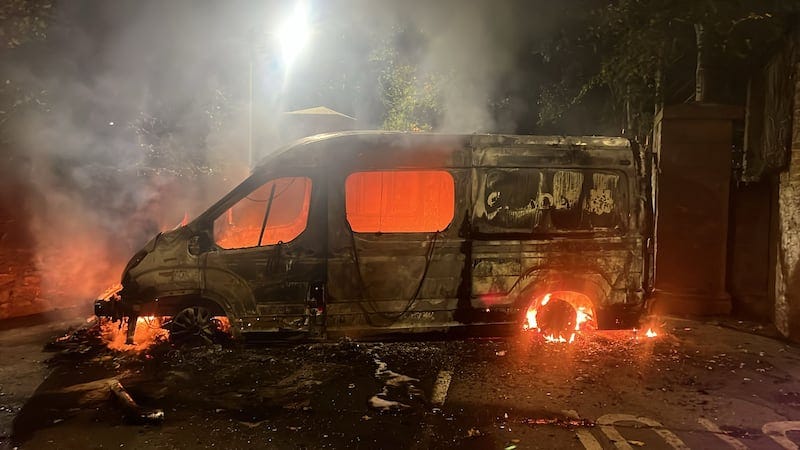 The burned-out shell of a Garda van in Saggart on Tuesday night. Photograph: Cian O'Connell