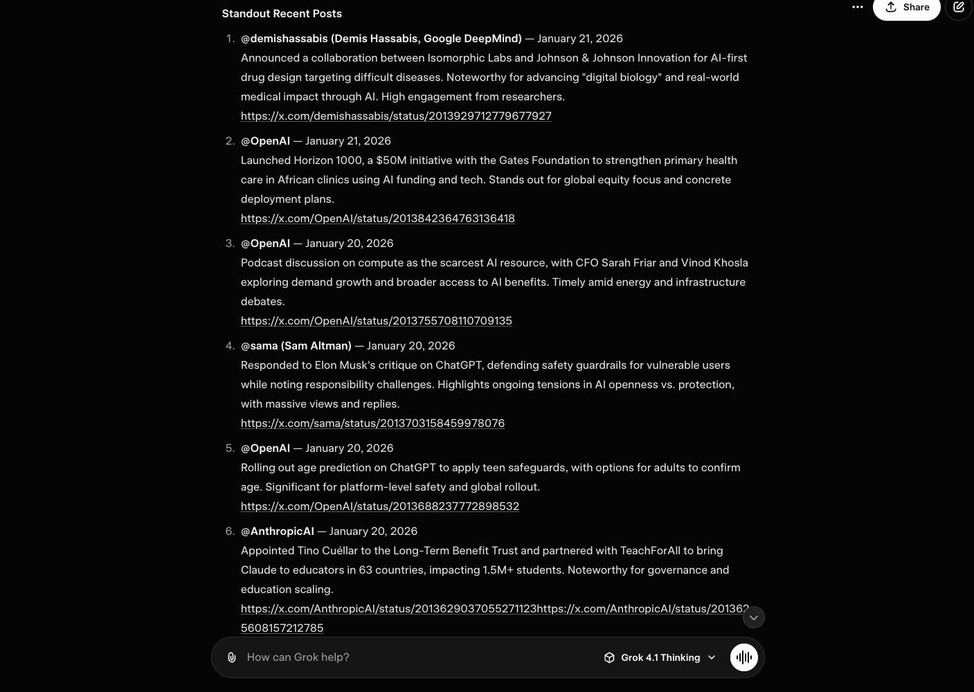 Example output showing “Standout Recent Posts” with actual X links visible