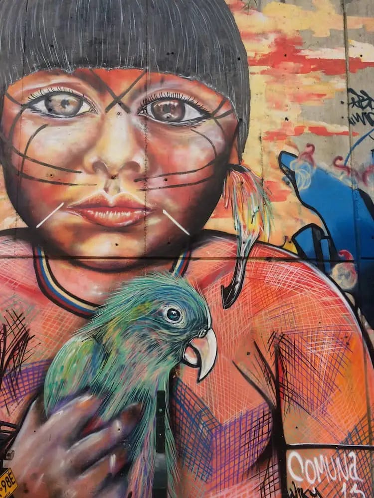 Street art - an indigenous person holds a green parrot