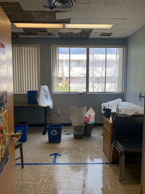 images depict ceilings with fallen tiles exposing brown glue, flooded desks and classrooms, buckets to carry water for leaks, furniture cover with plastic bags