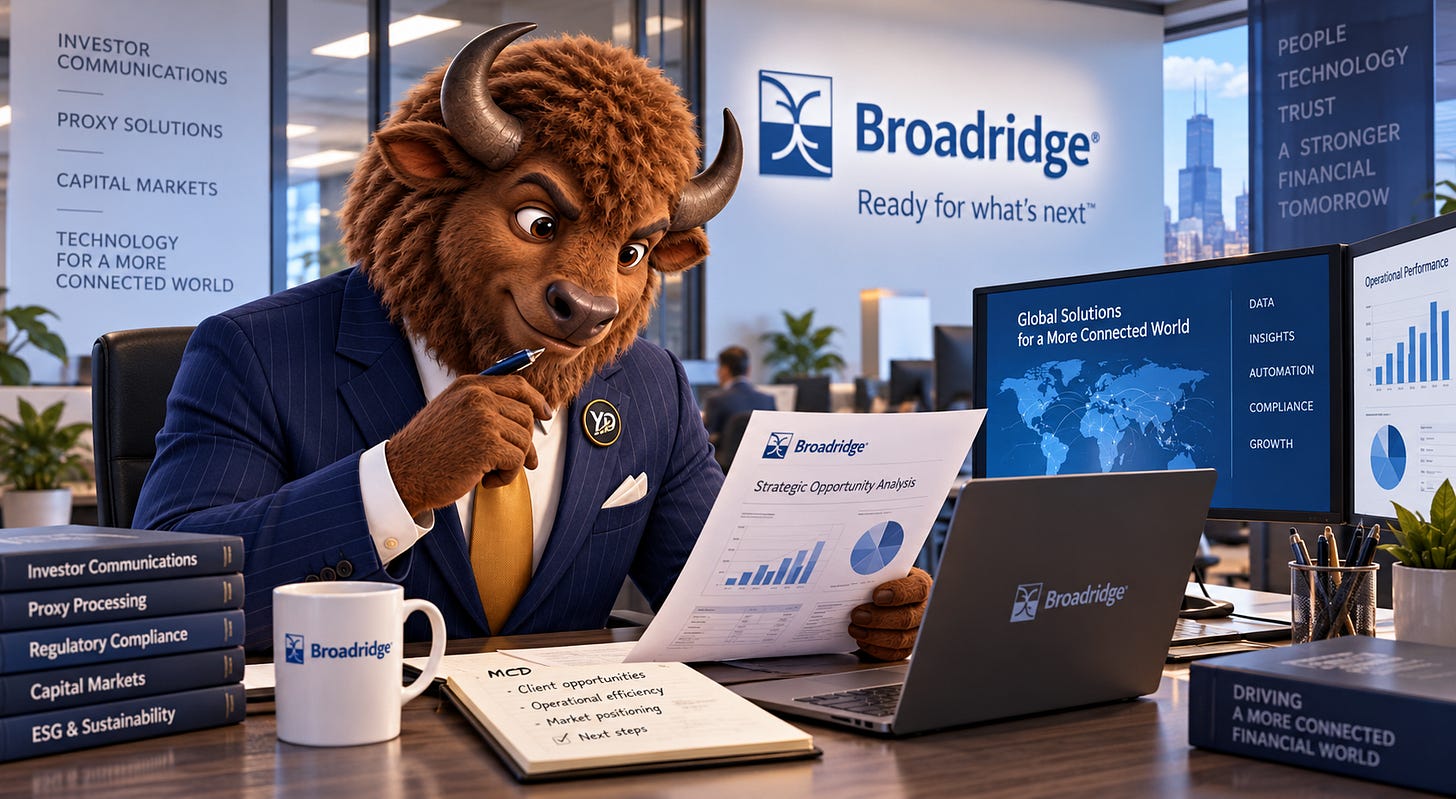 The Yield Dealer cover: Broadridge, the boring business behind Wall Street, with the Yield Dealer bison mascot The Yield Dealer cover: Broadridge, the boring business behind Wall Street, with the Yield Dealer bison mascot