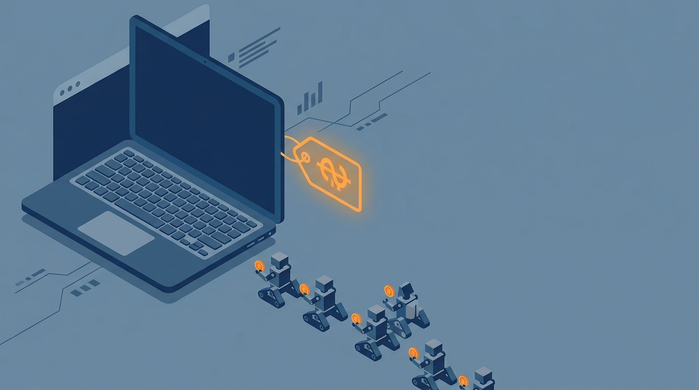 Illustration showing bots approaching a price tag hanging from a laptop Illustration showing bots approaching a price tag hanging from a laptop