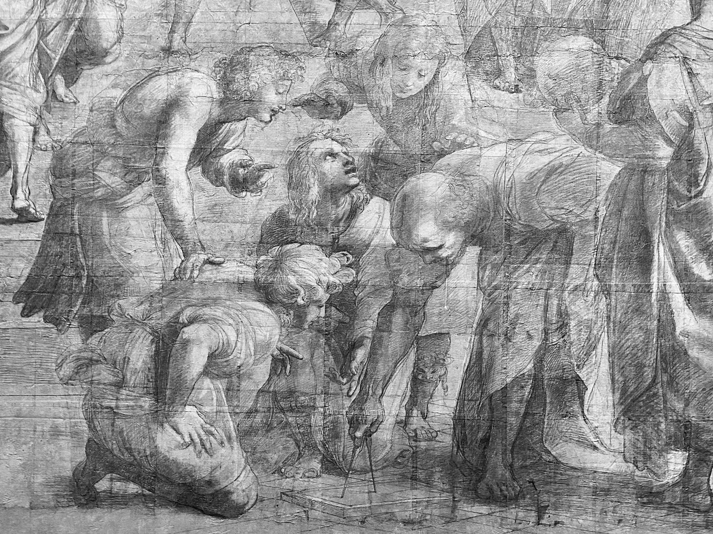 Photo of a preparatory cartoon for Raphael's "The School of Athens" fresco, focusing on students observing a man draw a figure with a compass. Photo of a preparatory cartoon for Raphael's "The School of Athens" fresco, focusing on students observing a man draw a figure with a compass.