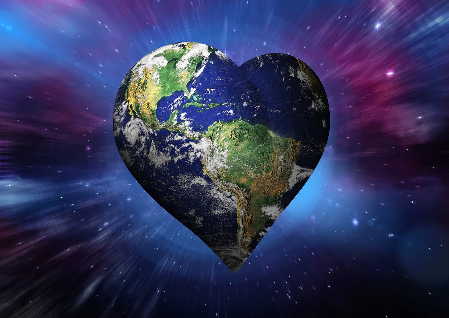 An image of the Earth in a heart shape with shimmers of pink and blue light emanating from it