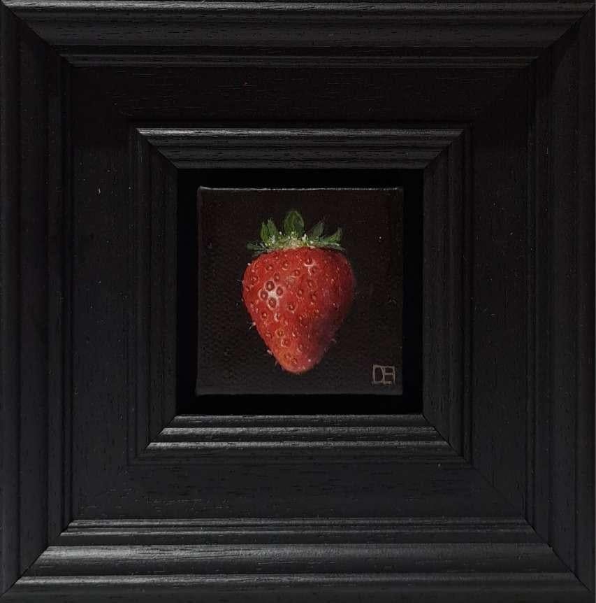 Pocket Red Strawberry 2c is an original oil painting by Dani Humberstone as part of her Pocket painting series featuring small scale realistic oil paintings, with a nod to baroque still life painting. The paintings are set in a black wood layered