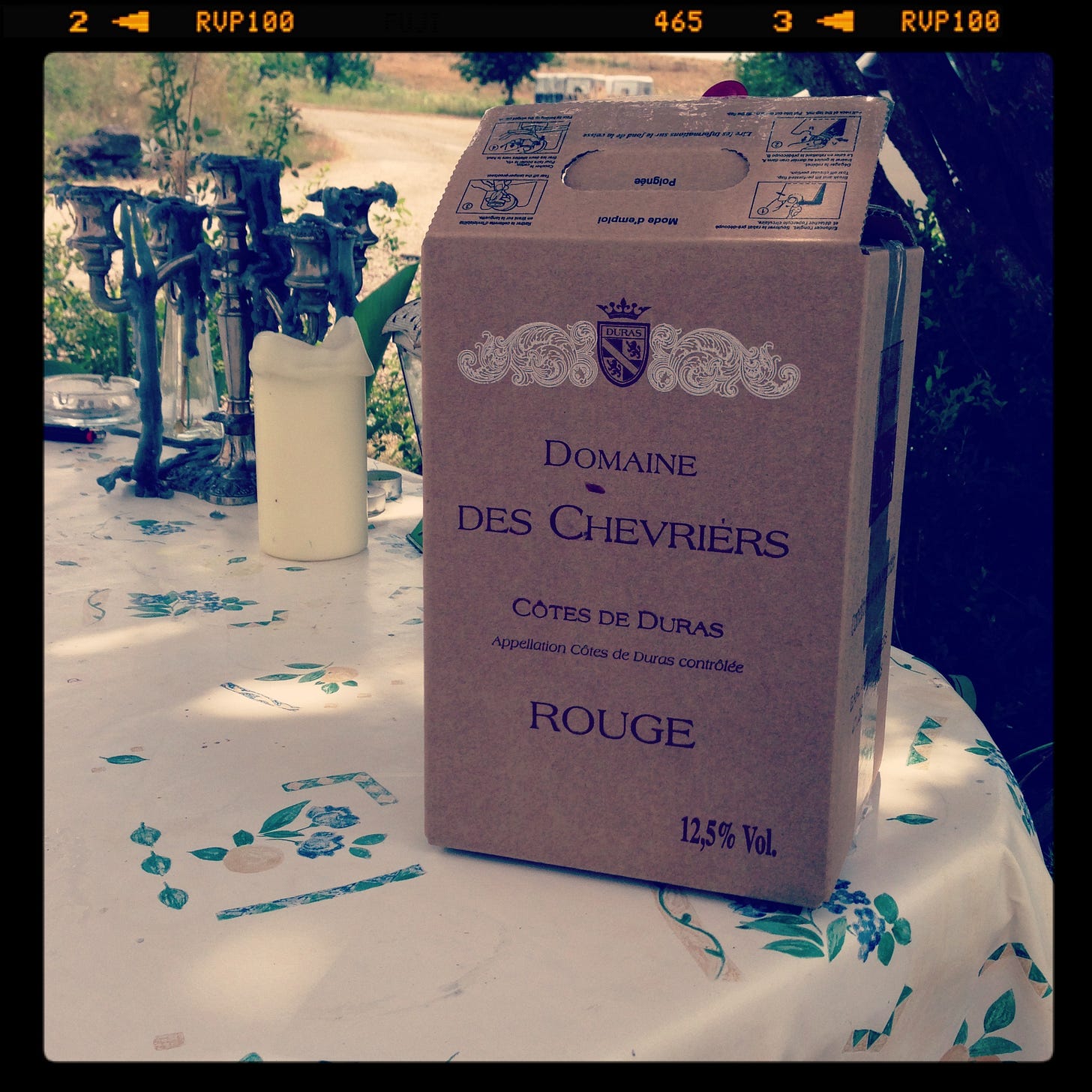 A box of wine on a table