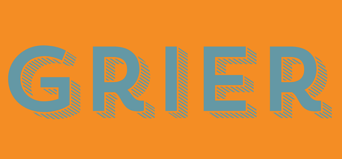 Grier, written in blue font on an orange background Grier, written in blue font on an orange background