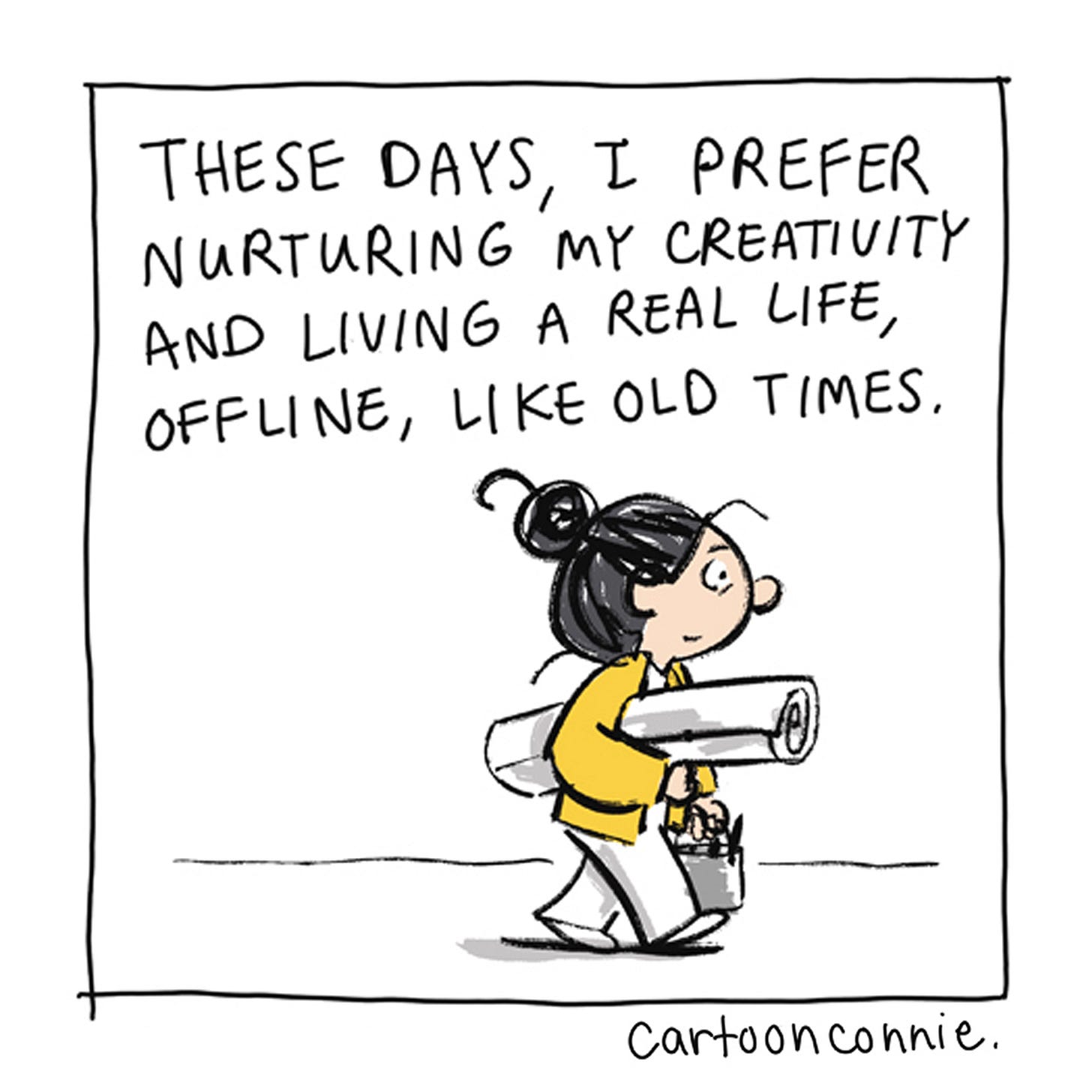 Panel 11/12 of a 2-page comic strip about an artist's relationship with the internet and social media over decades of making art online. Titled "Internet Artist," 2026, original art by Connie Sun, cartoonconnie. Panel 11/12 of a 2-page comic strip about an artist's relationship with the internet and social media over decades of making art online. Titled "Internet Artist," 2026, original art by Connie Sun, cartoonconnie.