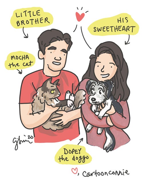 Illustration of younger brother, his sweetheart, cat and dog, engagement, drawing by Connie Sun, cartoonconnie