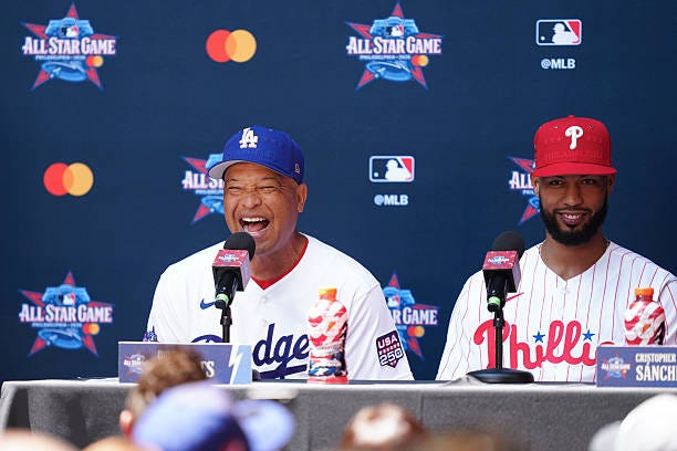 Manager Dave Roberts of the Los Angeles Dodgers and Cristopher Sánchez of the Philadelphia Phillies speaks during the 2026 MLB All-Star Game press...