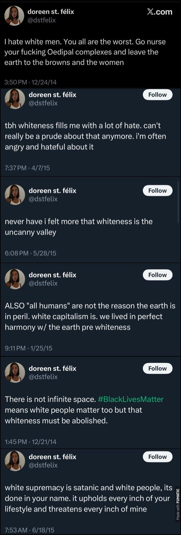 Snapshot of a 2014 tweet thread by Doreen St. Félix expressing anger toward white men
