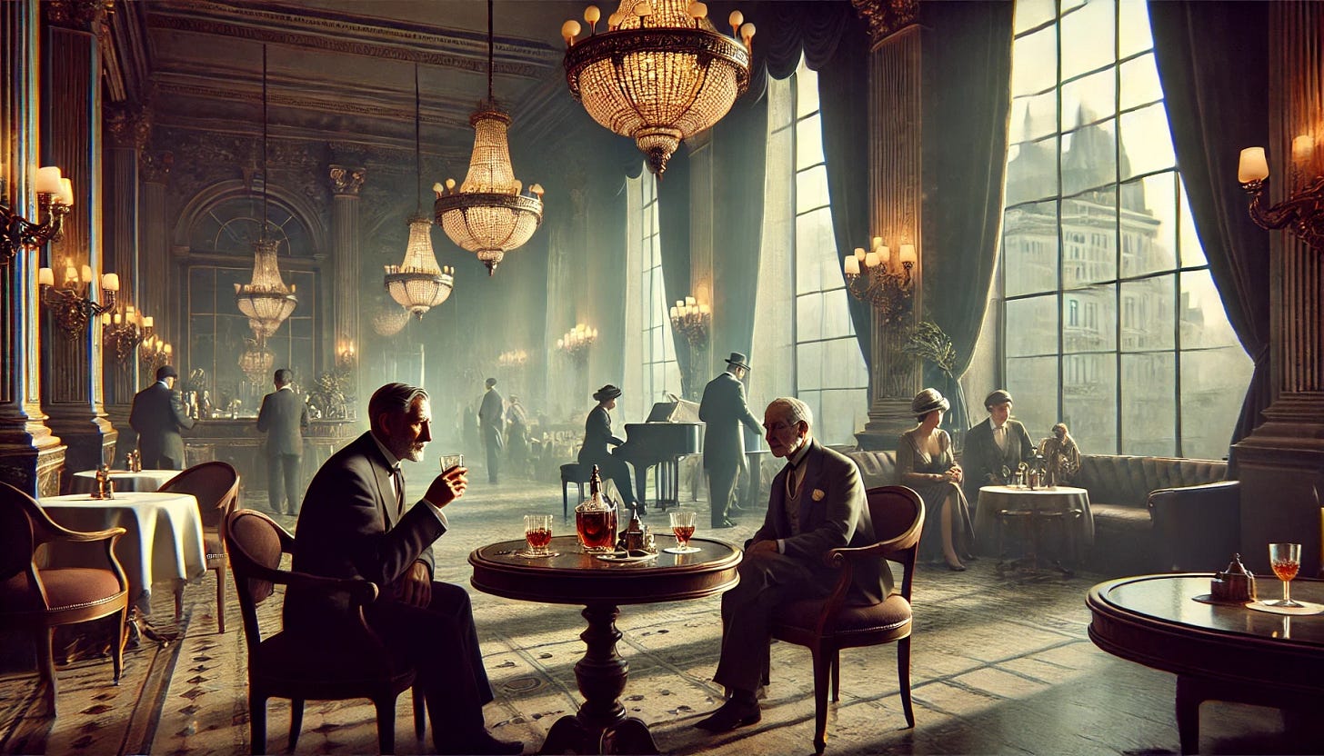 A realistic-style image depicting an elegant but melancholic European hotel lounge. The setting exudes a sense of faded grandeur, with ornate chandeliers, marble columns, and large windows revealing a misty cityscape outside. In the foreground, an older gentleman in a dark suit with a defined, contemplative face sits at a round table, gazing at his glass of Armagnac. Across from him, a sophisticated woman in a discreet yet elegant dress stirs her coffee thoughtfully, her face now clearly visible and expressive. The ambiance is subdued, with soft lighting casting long shadows. In the background, other patrons converse quietly, and a pianist in a corner has just closed the lid of a grand piano. The entire scene captures the atmosphere of nostalgia and uncertainty, reflecting the end of an era.