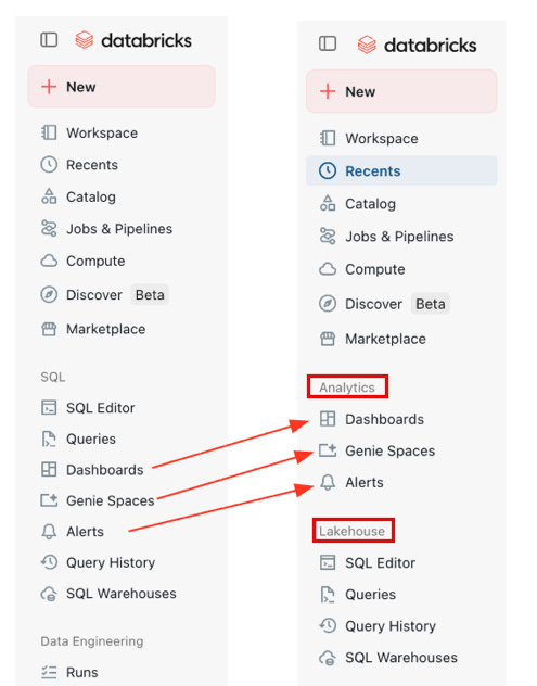 Workspace sidebar before and after the navigation updates. Workspace sidebar before and after the navigation updates.