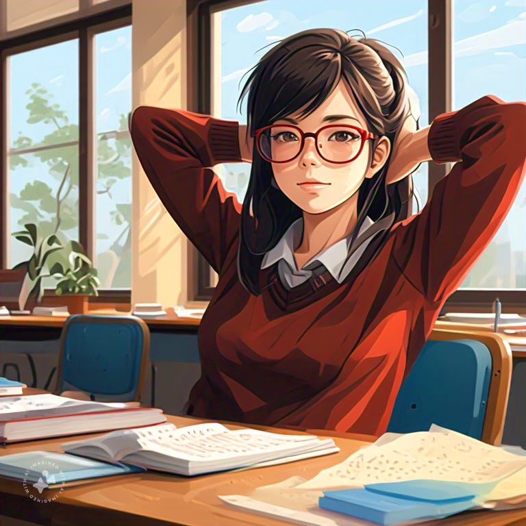 A vector illustration of a young woman, with thick-framed red glasses, sitting at a desk in a well-lit room. Math textbooks and notes are scattered across the desk. The student is leaning back in her chair, relaxed, with her hands behind her head, giving a content and satisfied expression. Sunlight streams through the large windows in the background, illuminating the scene with a warm and peaceful ambiance.