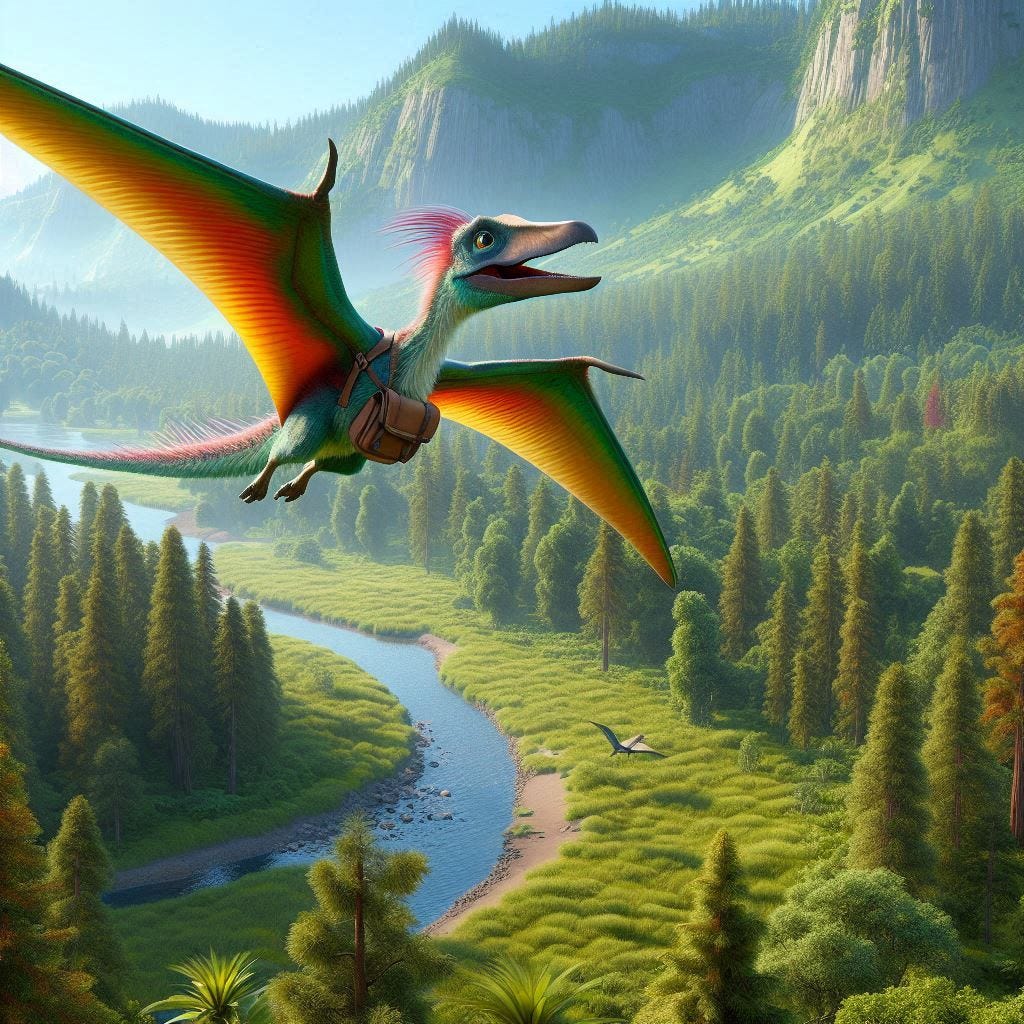 a pterodactyl wearing a backpack photorealistic