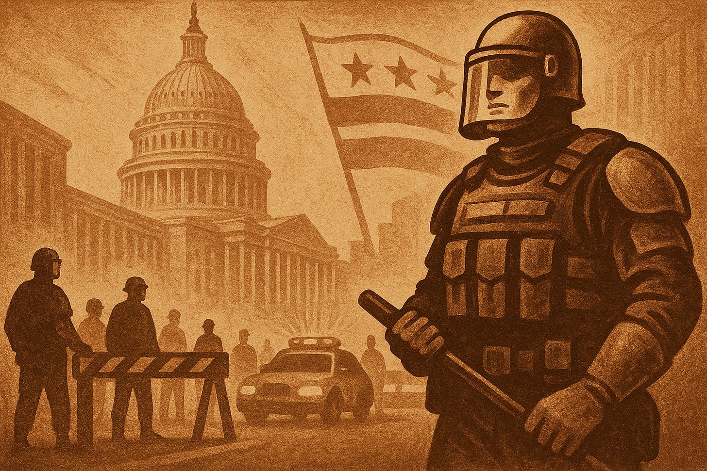 A sepia toned image that has the US Capitol in the background, with a checkpoint in front of it, the DC flag, and a police officer in the foreground. It is foreboding and ominous.
