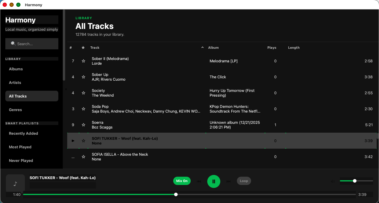 A desktop screenshot of the Harmony music player app in dark mode. A left sidebar lists Library sections such as Albums, Artists, All Tracks, Genres, and smart playlists, while the main panel displays “All Tracks” with over 12,000 songs in a sortable table showing track name, album, plays, and length. One track by SOFI TUKKER is selected, and the bottom playback bar shows progress, pause button, mix toggle, loop option, and volume slider.