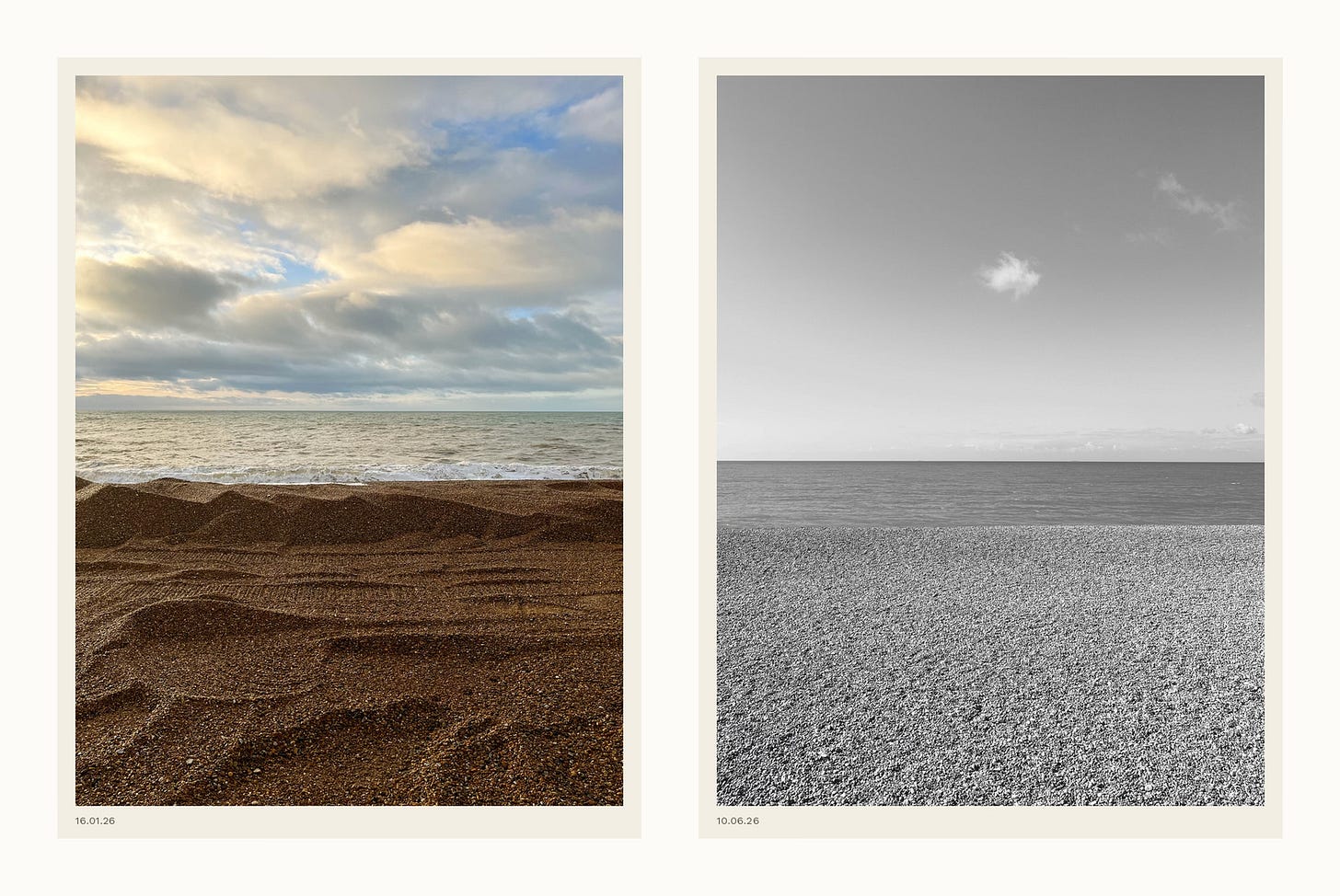 A colour and a monochrome image of the same shingle beach, sky and horizon, side by side, colour on the left A colour and a monochrome image of the same shingle beach, sky and horizon, side by side, colour on the left