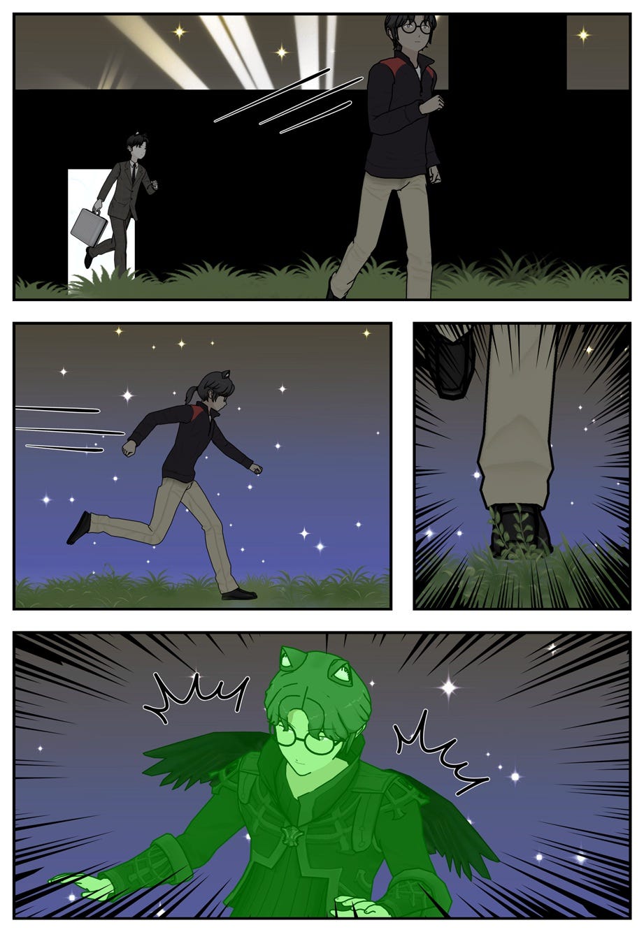 Ace runs after Ruff, who picks up speed in the grass and begins to transform.